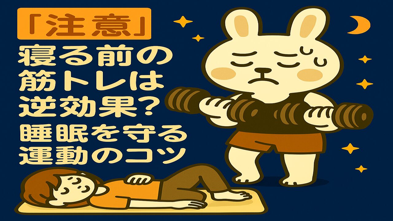 夜の室内で、うさぎのキャラクター「みどりん」が汗をかきながらダンベルで筋トレしている横で、女の子のキャラクター「すずちゃん」が布団の上でリラックスした表情でストレッチをしている。画像左側には「【注意】寝る前の筋トレは逆効果？睡眠を守る運動のコツ」という文字が配置されている。